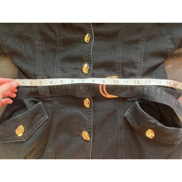 Commense Black Denim Puff Sleeve Button Belted Mini Dress Pocketed dark romantic - Picture 12 of 12